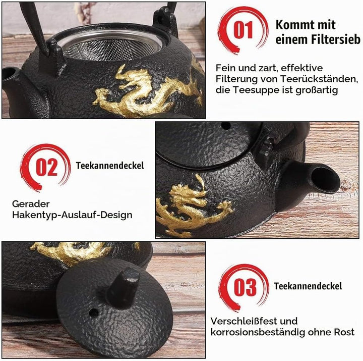 300ml Retro Gusseisen Teekessel mit Edelstahl Teesieb, Gold Drache Muster Asiatischer Stil Teekanne,