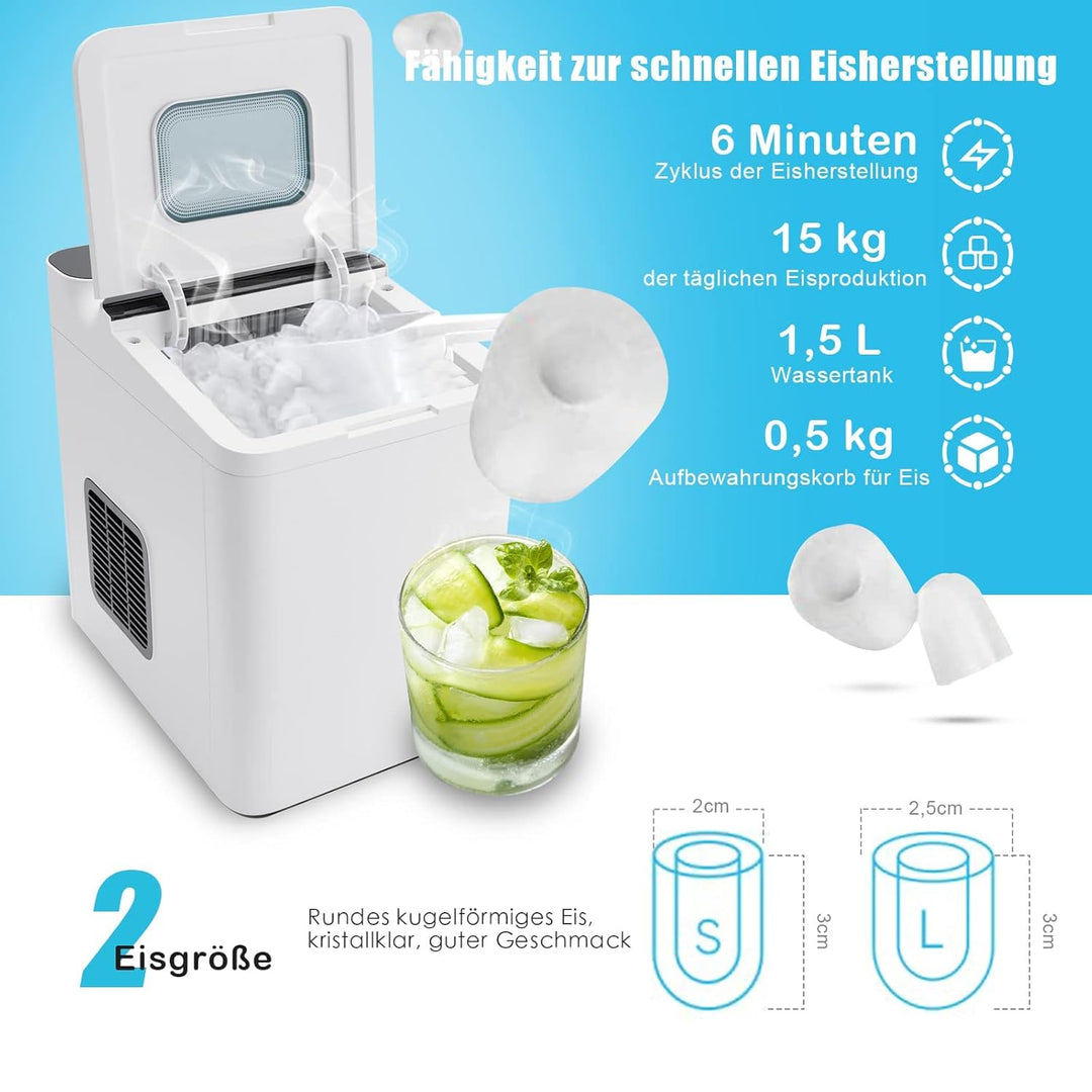 COSTWAY Eiswürfelmaschine Edelstahl Klein | Ice Cube Maker | 12 Kg 24 H | Zubereitung in 6 Min | 1,5