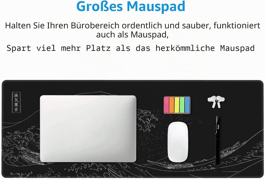 Japanisches Gaming-Mauspad, schwarzes Mauspad, Kanagawa, grosses Mauspad, rutschfeste Gummiunterseit