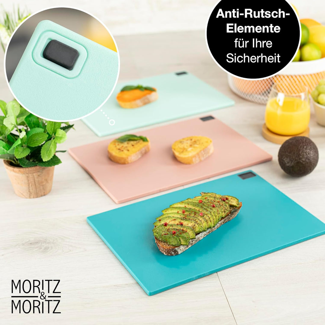 Moritz & Moritz 3x Schneidebrett Kunststoff Set - 32 x 22 cm - Im praktischen Ständer – Küchenbrett