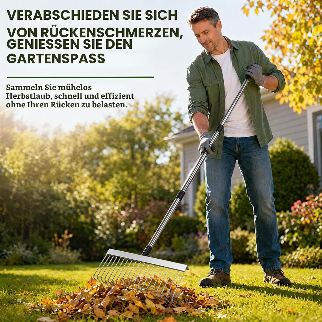 Premium Rasenrechen Edelstahl 160cm - Gartenharke mit 21 stabilen Zinken &amp; 40cm Arbeitsbreite | Manu