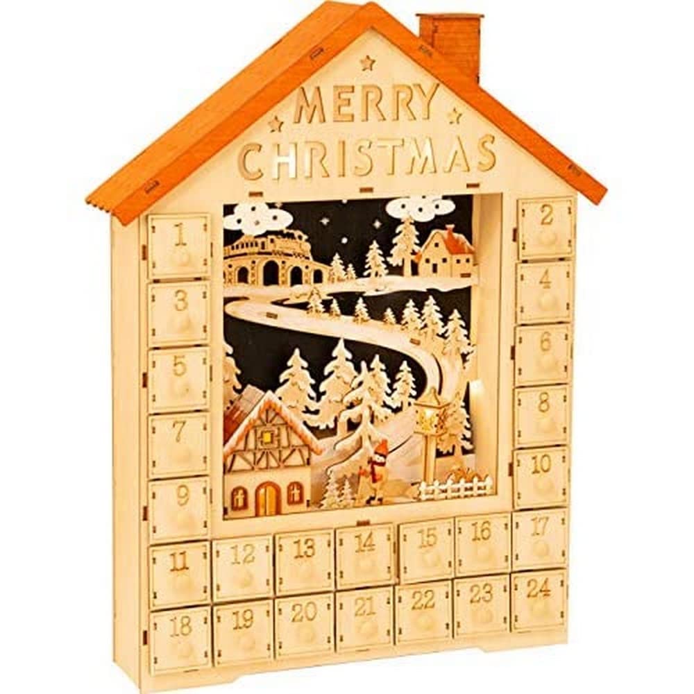 small foot Adventskalender Merry Christmas aus Holz, Weihnachtsdeko mit LED-Beleuchtung, Weihnachtsh