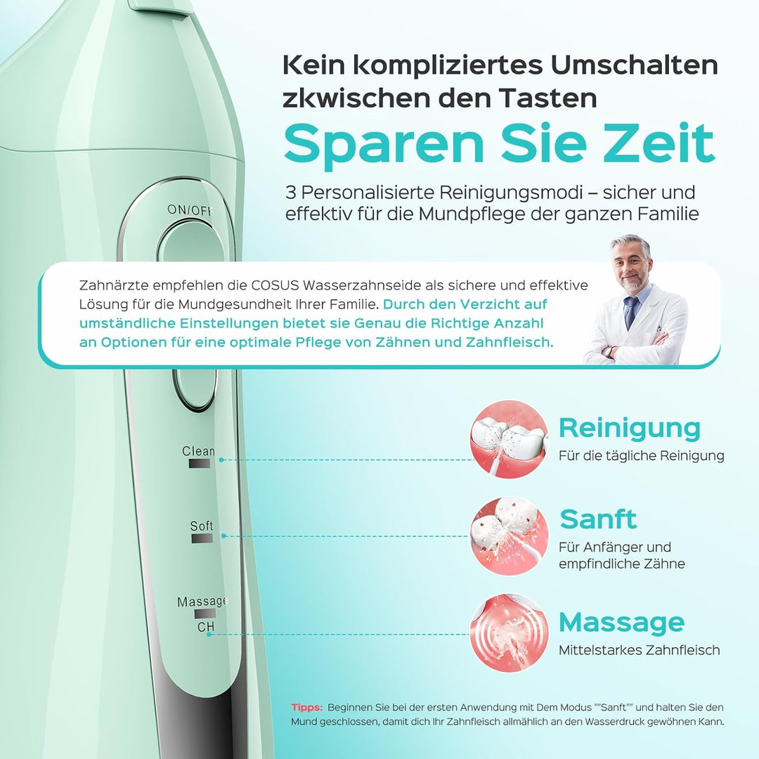 COSLUS Munddusche Kabellos Tragbar Elektrische Zahnreiniger, 300ML Wassertank Wiederaufladbar Zahndu
