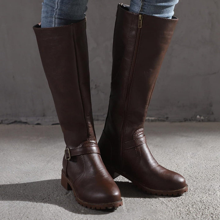 Stiefel Damen,Winterstiefel Damen Ohne Absatz Flach Langschaft Hohe Stiefel Retro Leder Kniehoch Boo