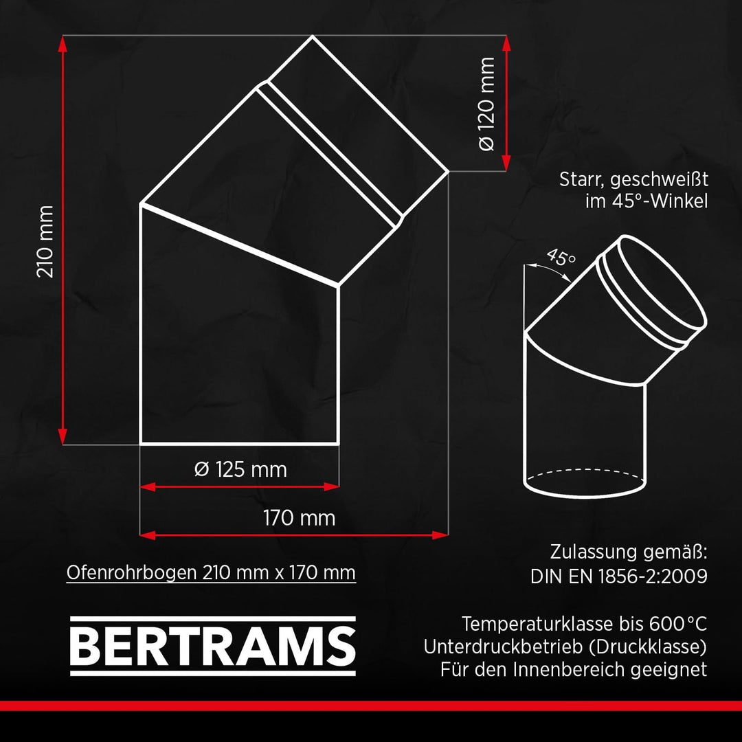BERTRAMS Ofenrohr 150mm Ø Bogen ohne Tür Gussgrau | Stahlrohr mit 45° Winkel | Feuerrohr aus Stahlbl
