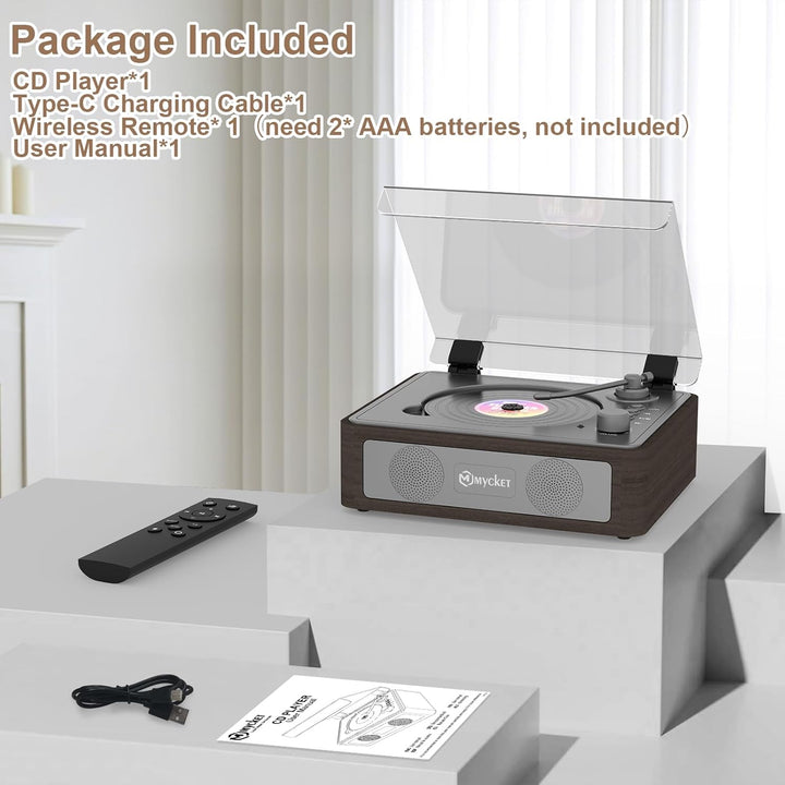 Mycket CD Player Tragbar mit Bluetooth 5.0, CD Musik mit Fernbedienung, HiFi-Dual-Stereo-Lautspreche