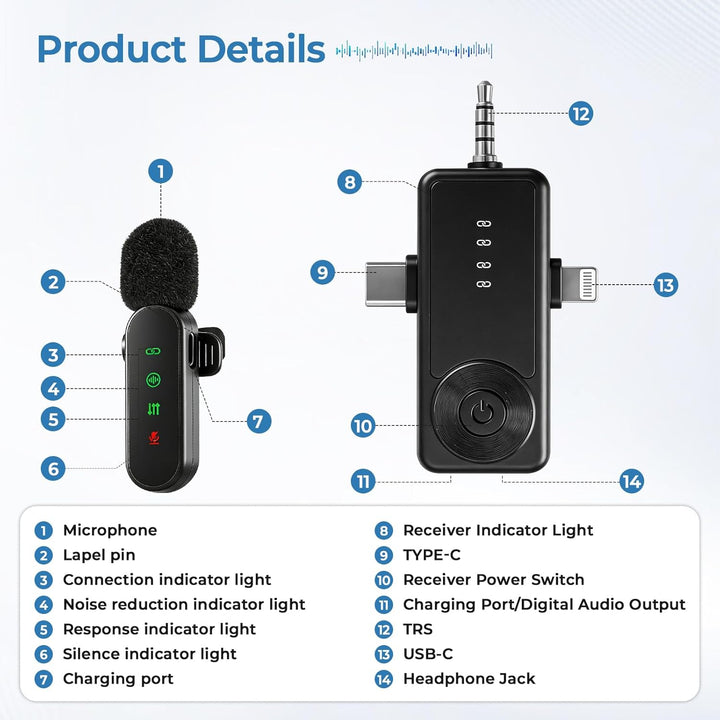 Kabellose Lavalier-Mikrofone mit LED-Anzeige, 4 Stück, Lavalier-Mikrofone, Clip-on-Mikrofon, Auto-Pa
