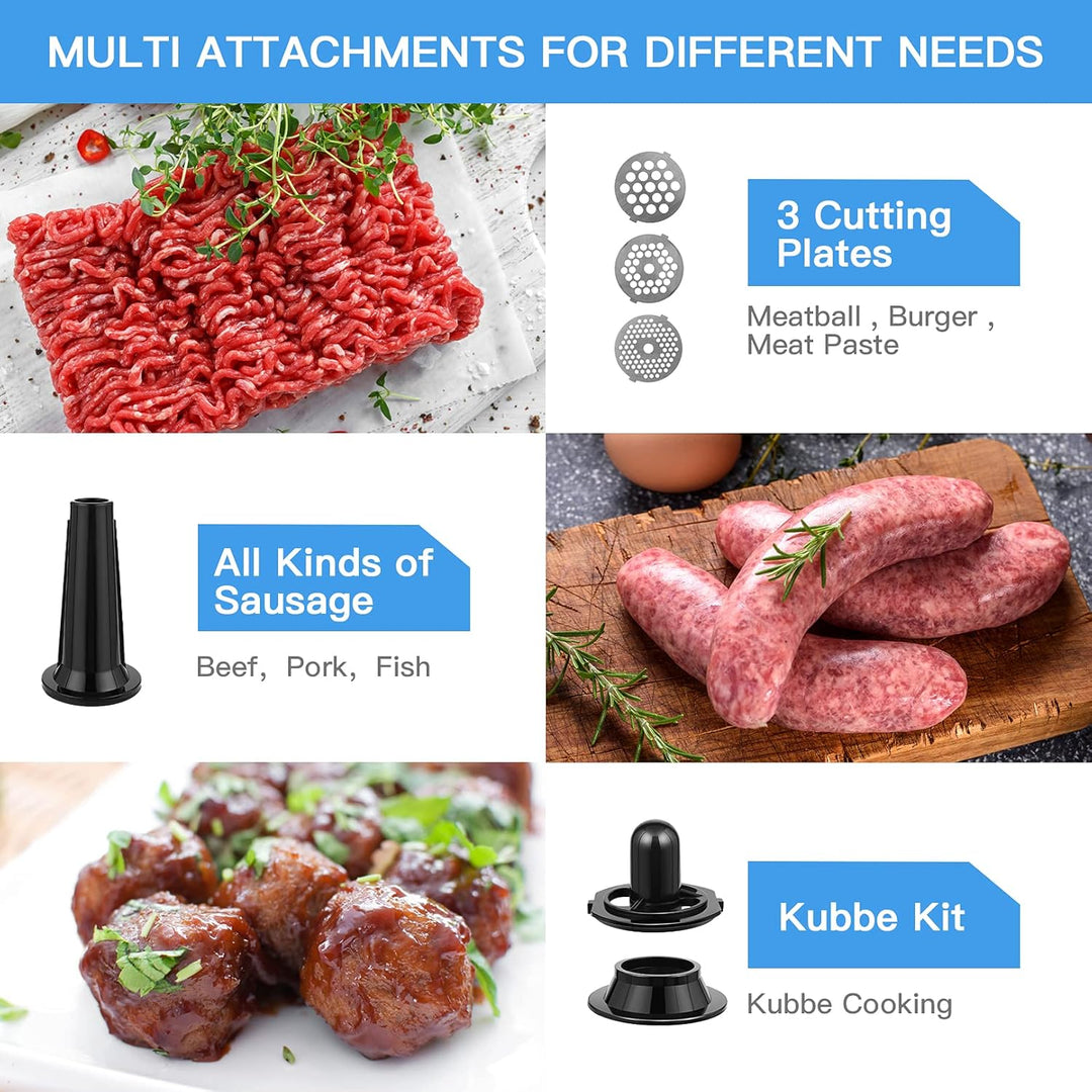 Fleischwolf Elektrisch,2000W Multi Küchenmaschine Wurstmaschine mit 3 Lochscheiben, 4 Kegel-Klingen,