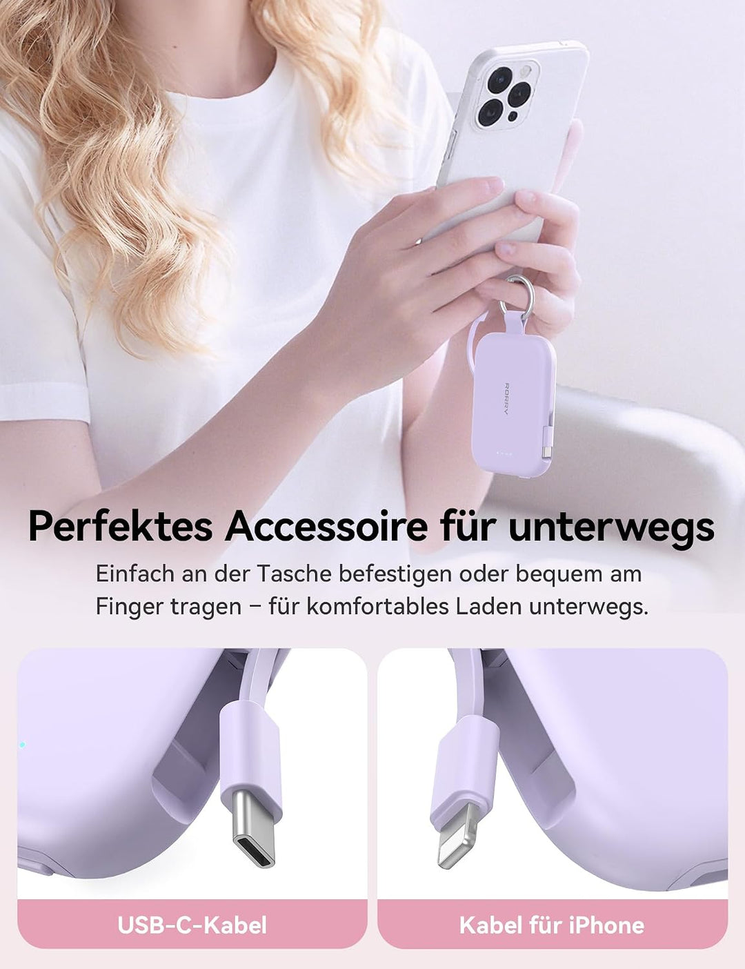RORRY CharmGo 10000mAh Powerbank, PD 30W Schnellladen, Portable Charger mit integrierten Kabeln und