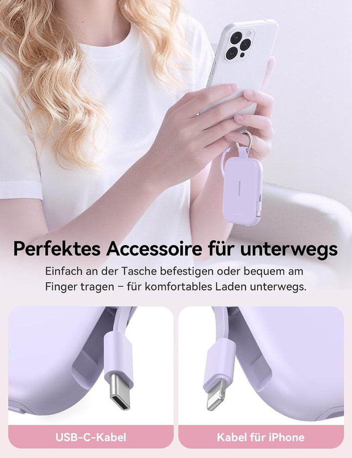 RORRY CharmGo 10000mAh Powerbank, PD 30W Schnellladen, Portable Charger mit integrierten Kabeln und