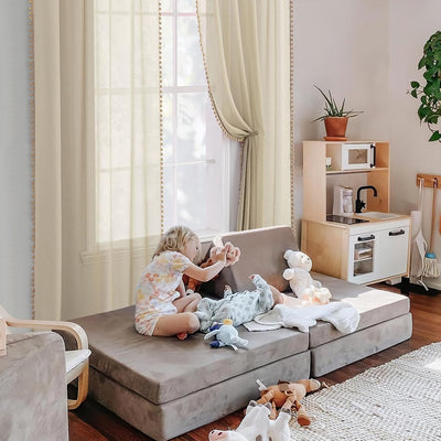 MIULEE Gardinen mit Pompons-Hübsche Beige Transparent Gardinen für Kinderzimmer Mädchen, 2 Stücke Vo