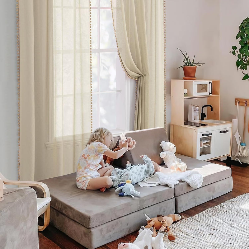 MIULEE Gardinen mit Pompons-Hübsche Beige Transparent Gardinen für Kinderzimmer Mädchen, 2 Stücke Vo