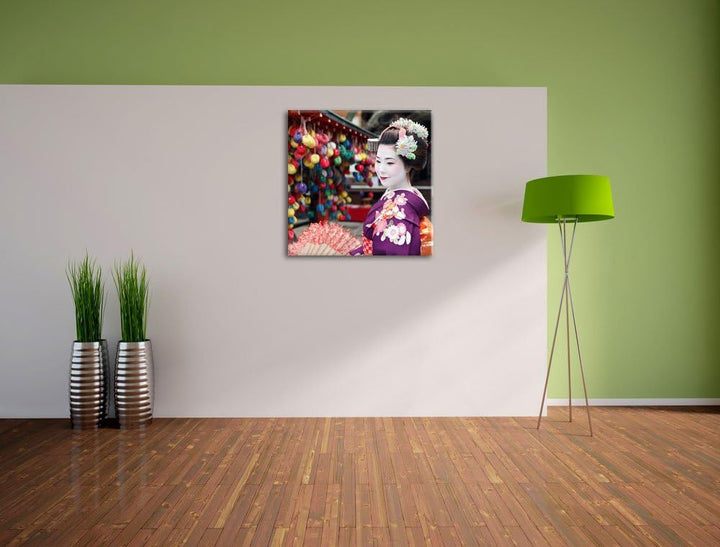 Anmutige Geisha mit Fächer, Format: 70x70 auf Leinwand, XXL riesige Bilder fertig gerahmt mit Keilra