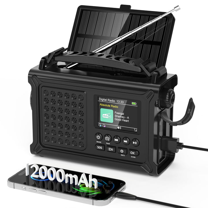 Kurbelradio DAB/UKW, Tragbare Solar Notfallradio mit 12000mAh Wiederaufladbare Powerbank, 2,4 "gross
