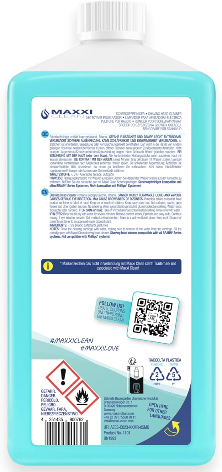 Maxxi Clean | 2x 750 ml Nachfüllflüssigkeit Scherkopfreiniger für Reinigungskartusche | Rasierer Rei