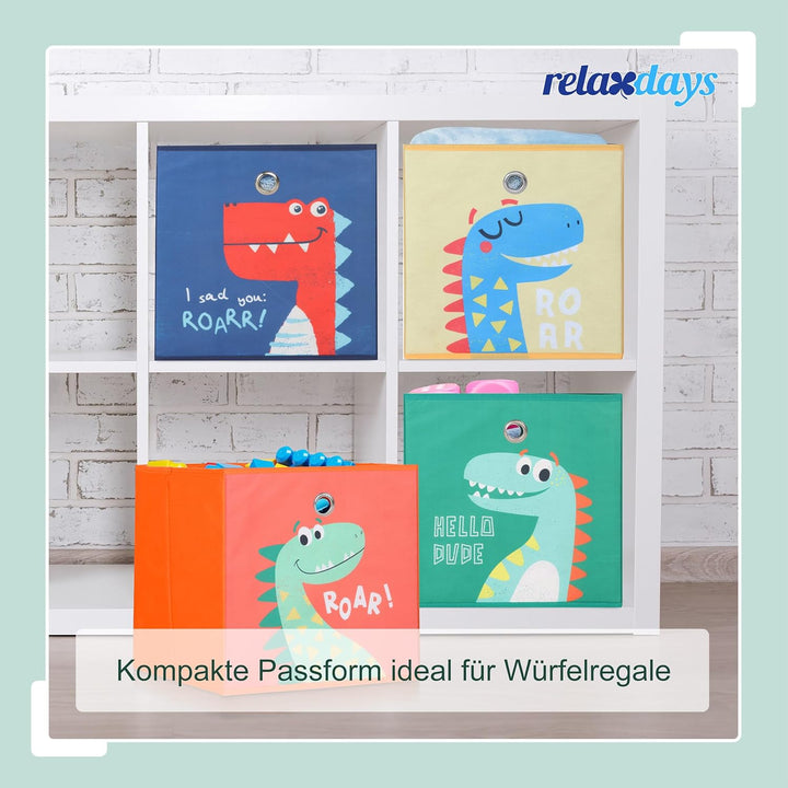Relaxdays 4er Set, Kinder Aufbewahrungsboxen, süsse Dino-Motive, Faltbox für Würfelregale, HBT: 30x3
