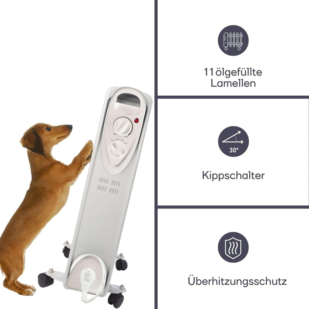 Perel 2500W Ölradiator mit 11 Rippen, 3 Heizstufen, einstellbarem Thermostat, Griff, Rädern, Überhit