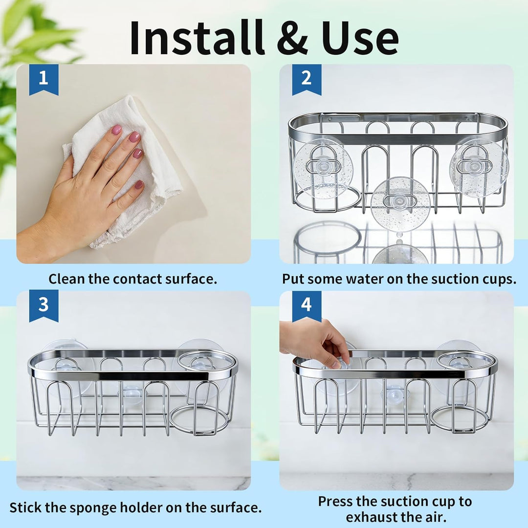 Yazoni 2-in-1 Schwammhalter für Küchenspüle, Saugnapf-Regal/Caddy, kein Bohren, rostfrei, Organizer