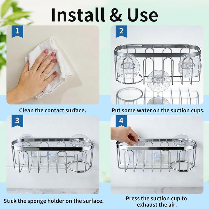 Yazoni 2-in-1 Schwammhalter für Küchenspüle, Saugnapf-Regal/Caddy, kein Bohren, rostfrei, Organizer