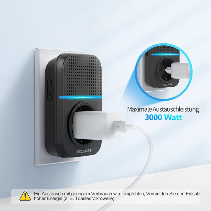 TECKNET Funkklingel Batterielose, Funkklingel mit Steckdose, Funk Türklingel mit 2 Sender, IP65 Funk