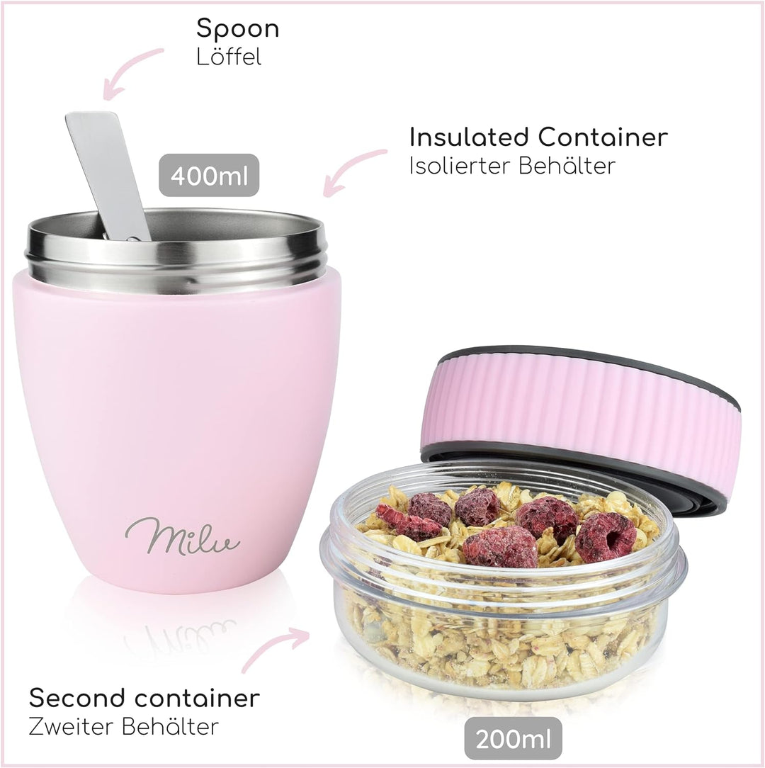 Milu Müslibecher to go 400ml I isolierter Edelstahl Joghurtbecher für Müsli I auslaufsicherer Becher