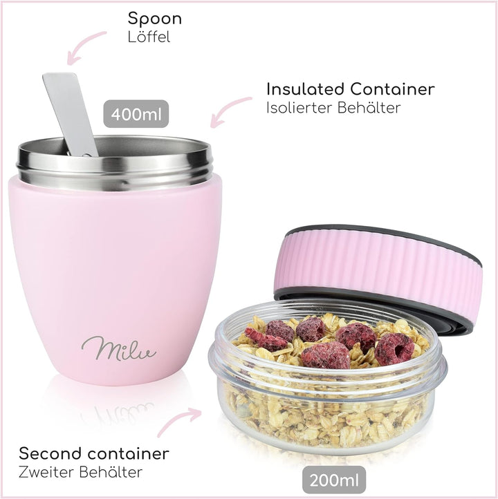Milu Müslibecher to go 400ml I isolierter Edelstahl Joghurtbecher für Müsli I auslaufsicherer Becher