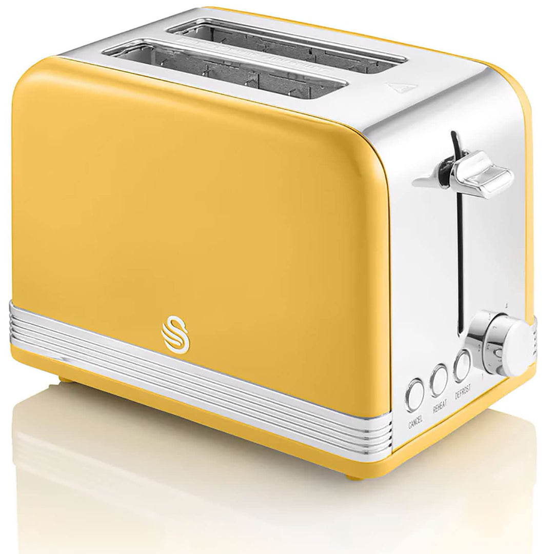 Swan Retro ST19010YELNEU 2-Scheiben-Breitschlitz-Brottoaster, Vintage Design, 3 Funktionen: Auftauen
