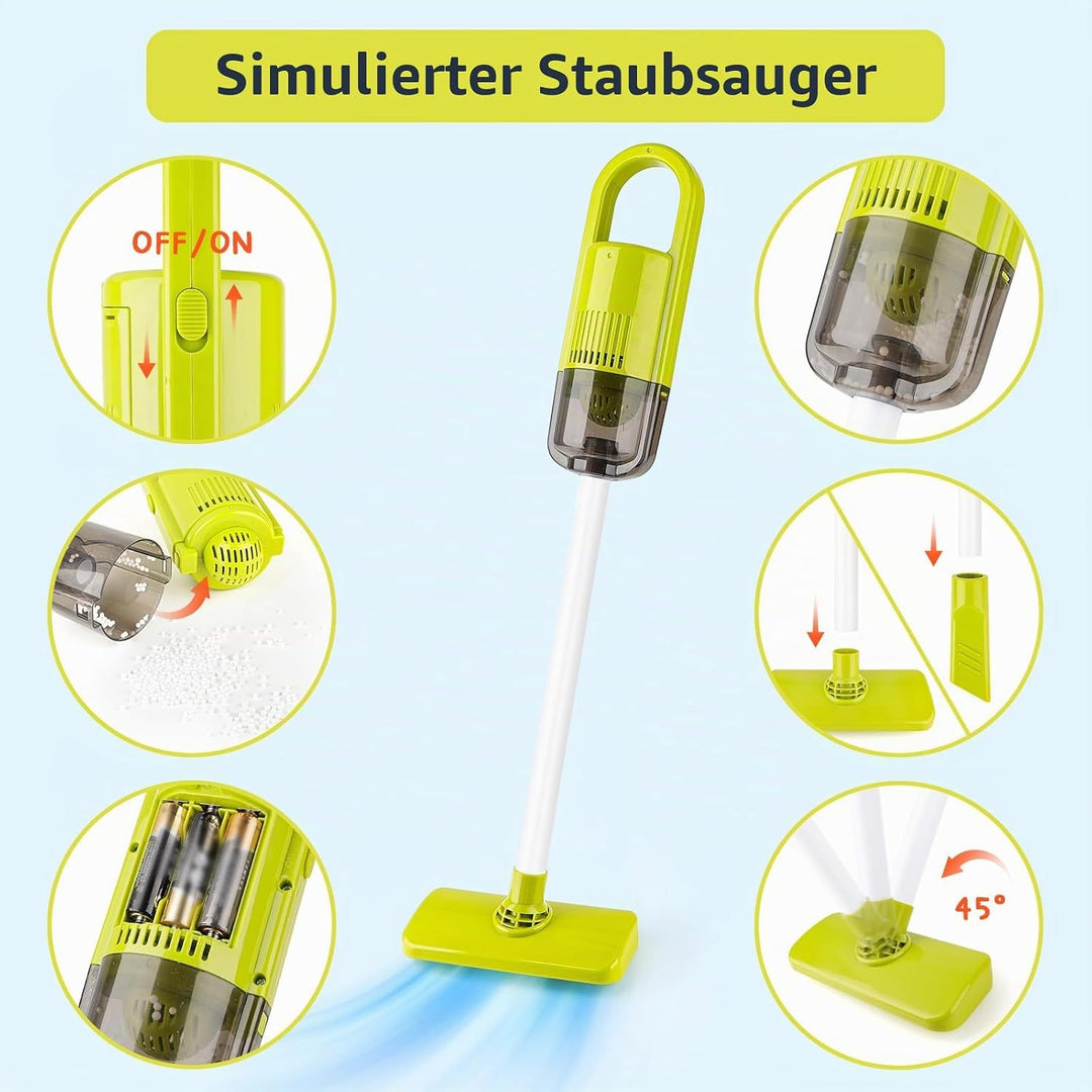 deAO Kinder Putzwagen ab 2 3 Jahre mit Wischmop, Eimer, Besen, Staubsauger, Bürsten, Kehrschaufel, H