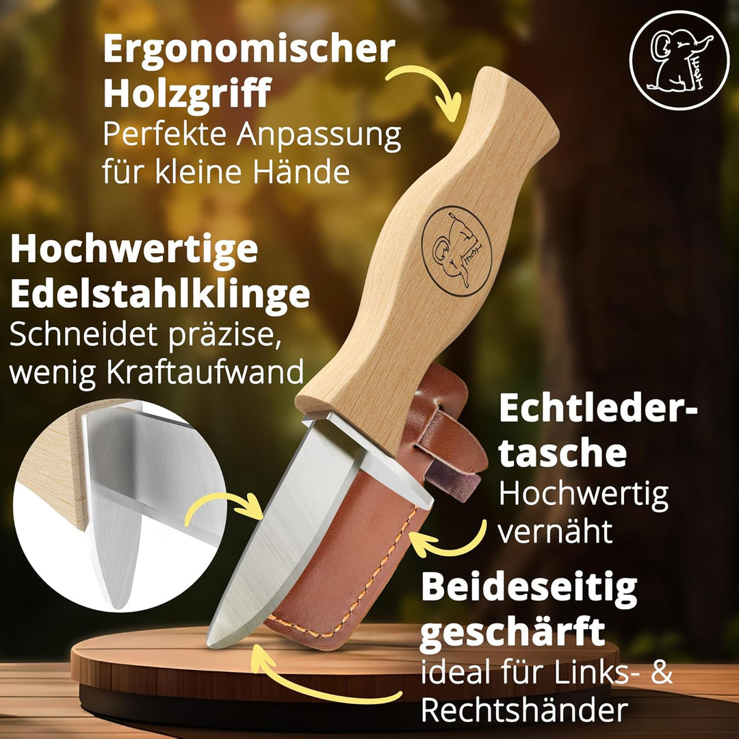 Eli® Schnitzmesser für Kinder mit Klingenschutz aus Leder ab 6 Jahre - hochwertiges Kindermesser Sch
