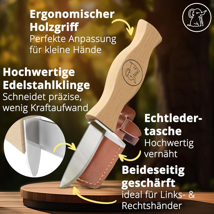 Eli® Schnitzmesser für Kinder mit Schnitzholz und Klingenschutz aus Leder ab 6 Jahre - hochwertiges