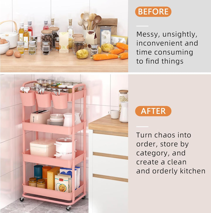 JIUYOTREE Rollwagen mit 4 Ebenen, Kunststoff, mit extra hängenden Griffen, feststellbare Räder für W