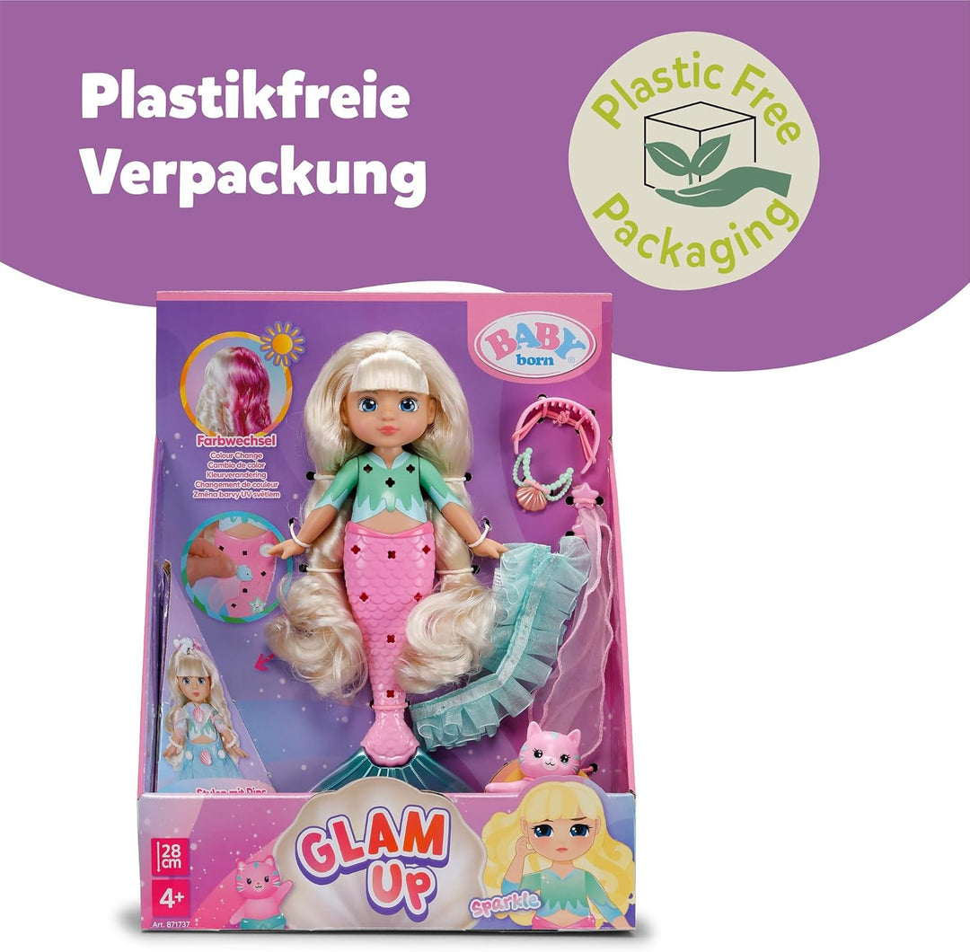 Baby Born Glam Up Sparkle, Meerjungfrau mit Langen blonden Haaren mit UV-Farbeffekt, zum Stylen mit