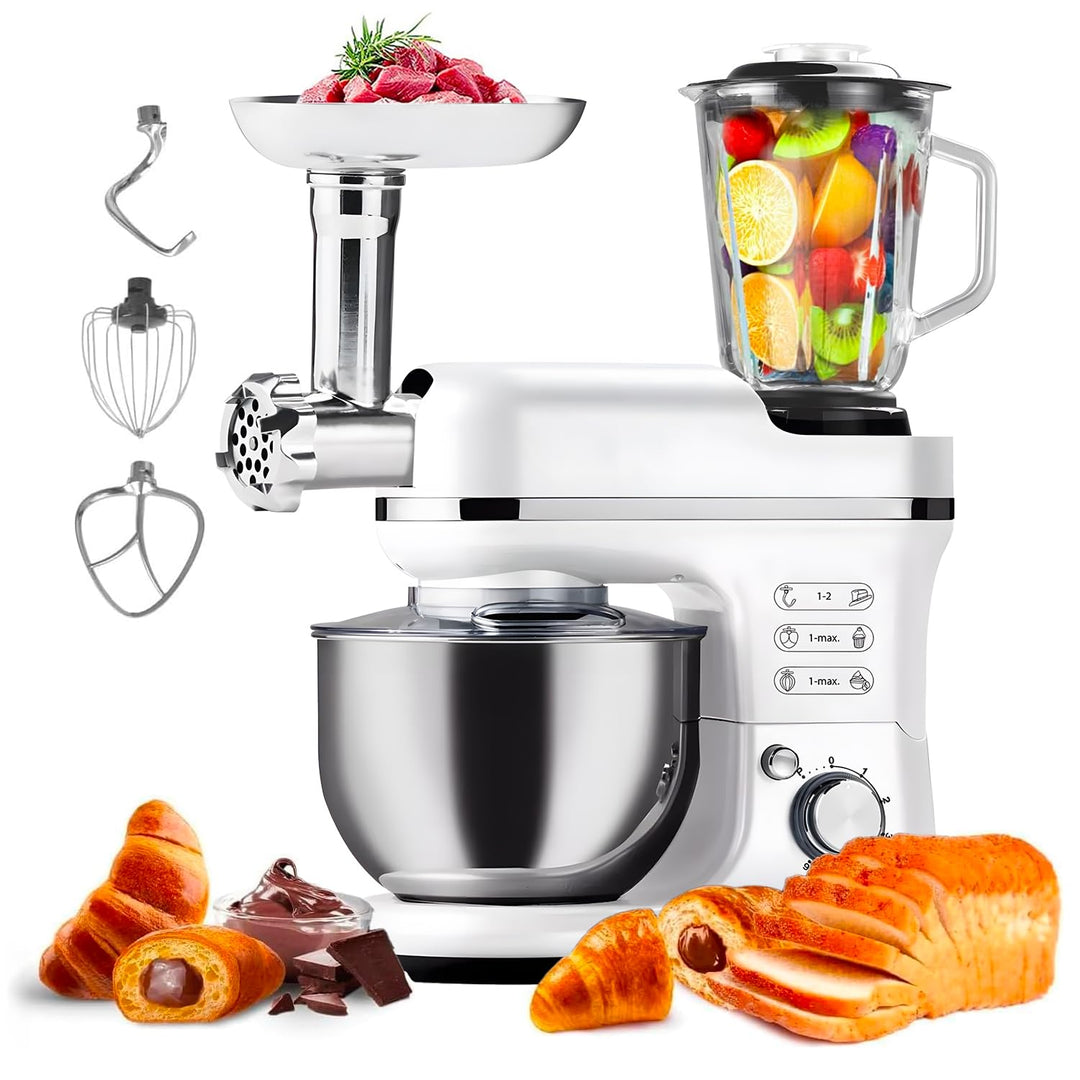 Avilia Planetarische Küchenmaschine mit Fleischwolf und Mixer aus Edelstahl 6,5 l 1900 W – 360° Rühr