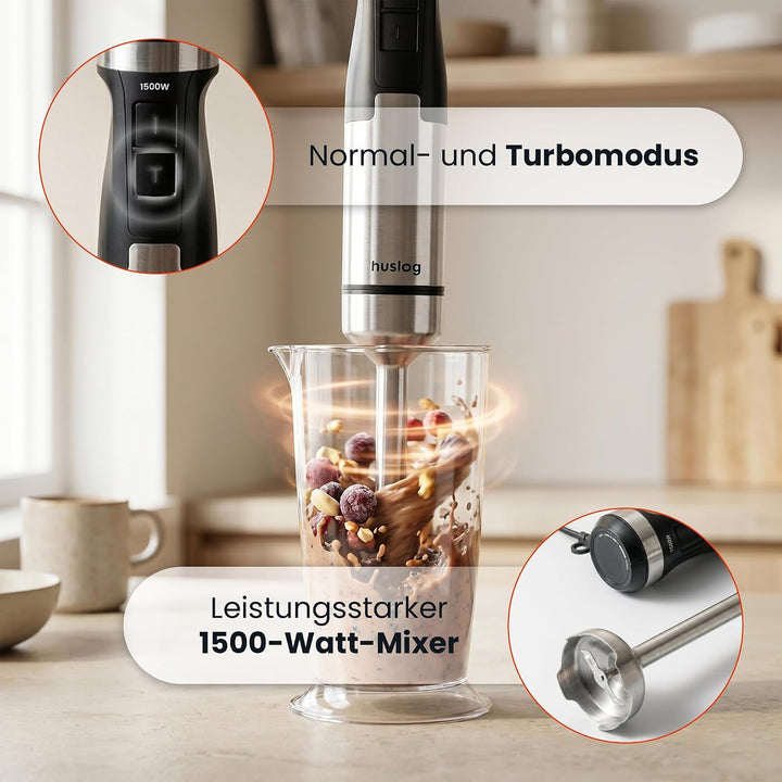 BlendFlex Stabmixer 1500W – Edelstahl Handmixer mit 20 Geschwindigkeiten & Turbo-Funktion, inkl. 600
