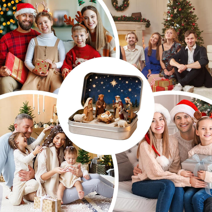 Mini-Weihnachtskrippen-Set in dekorativer Blechdose, Harzfiguren mit Sternennacht-Hintergrund, 9,5 x