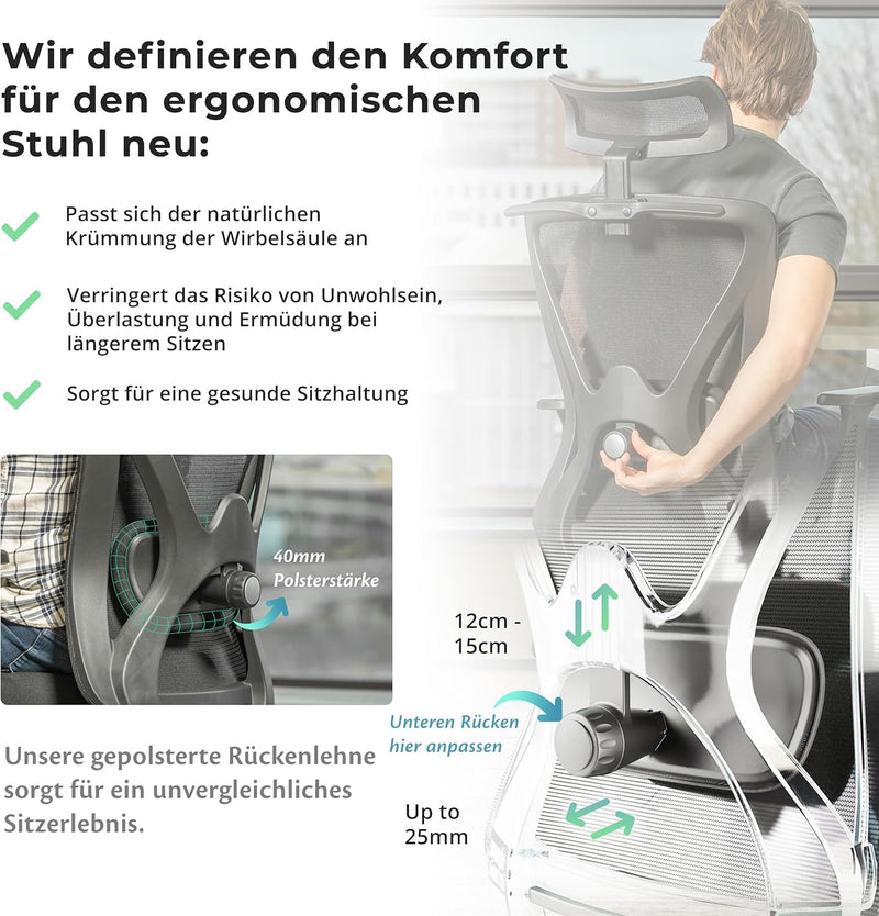 Backerz Bürostuhl Ergonomisch - Bürostühle 150kg, TUV & NEN 1335 zertifiziert - Office Schreibtischs
