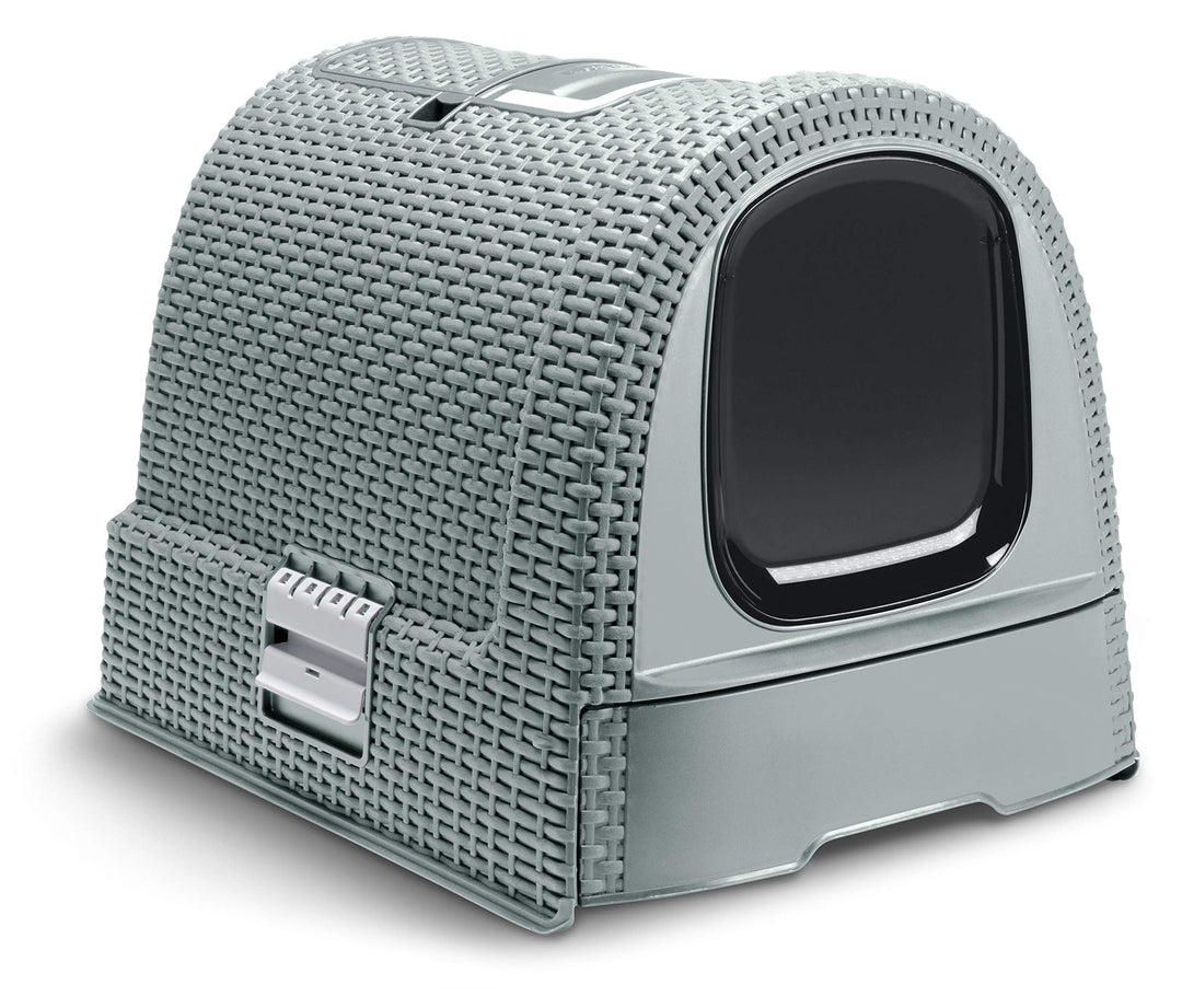 Curver petlife Katzentoilette mit Deckel, Katzenklo inklusive Schaufel, moderne Rattangeflecht-Optik
