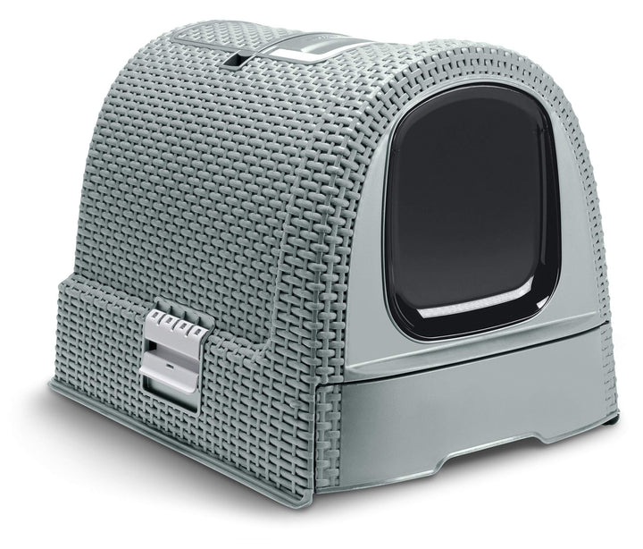 Curver petlife Katzentoilette mit Deckel, Katzenklo inklusive Schaufel, moderne Rattangeflecht-Optik