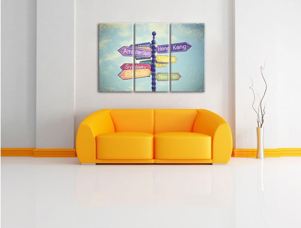 Pixxprint Städte Wegweiser als Leinwandbild/Grösse: 3 Teilig (120x80) cm/Wandbild/Kunstdruck/fertig