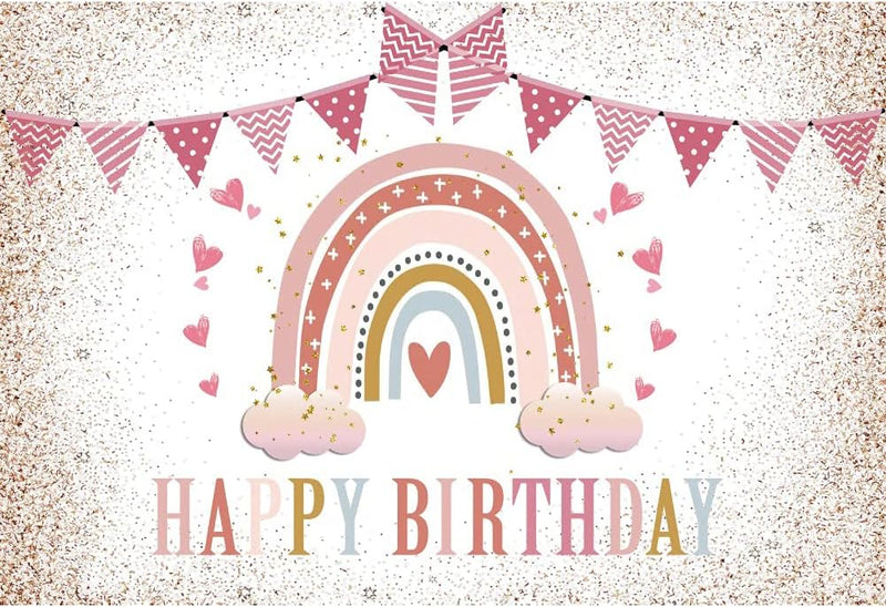 Renaiss 2.2x1.5m Regenbogen Happy Birthday Hintergrund Wolke Rosa Glitzer Dekoration Fotografie Hint