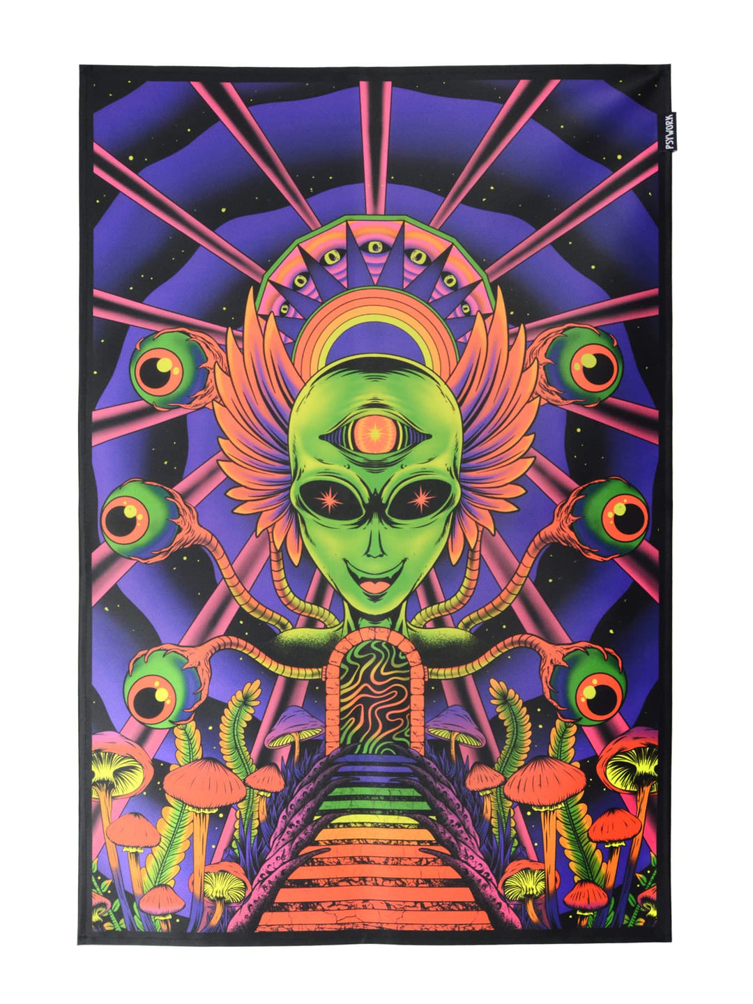 PSYWORK Schwarzlicht Stoffposter Neon | Alien Godness | 0,6 x 0,9m | UV-aktiv | fluoreszierend | Wan
