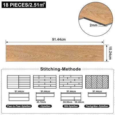 Aufun PVC Bodenbelag Vinylboden Selbstklebend 18 Stück 2.51m², Holzmaserung Bodenfliesen mit Holz-Op