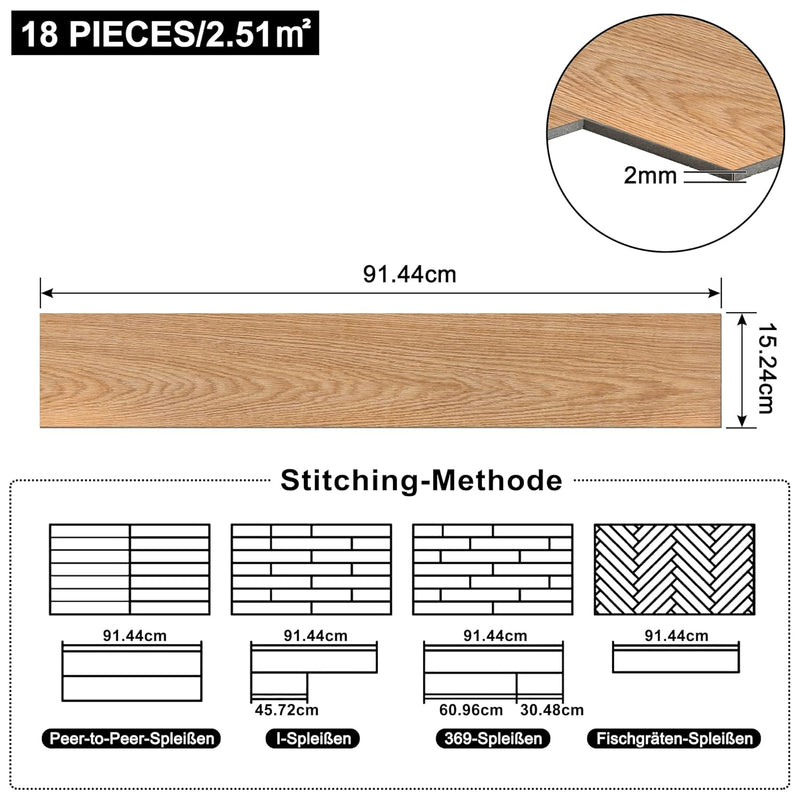 Aufun PVC Bodenbelag Vinylboden Selbstklebend 18 Stück 2.51m², Holzmaserung Bodenfliesen mit Holz-Op