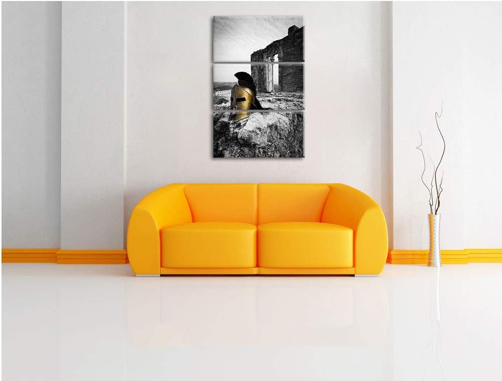 alter Helm einer Rüstung vor Ruine schwarz/weiss 3-Teiler Leinwandbild 120x80 Bild auf Leinwand, XXL