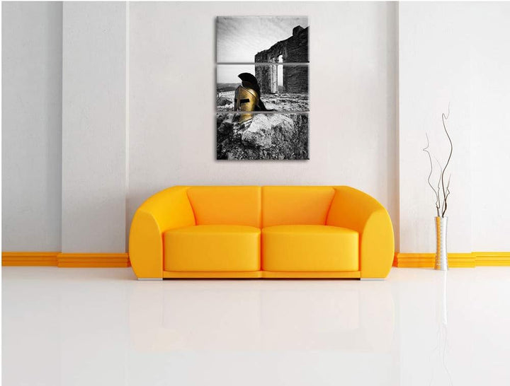 alter Helm einer Rüstung vor Ruine schwarz/weiss 3-Teiler Leinwandbild 120x80 Bild auf Leinwand, XXL