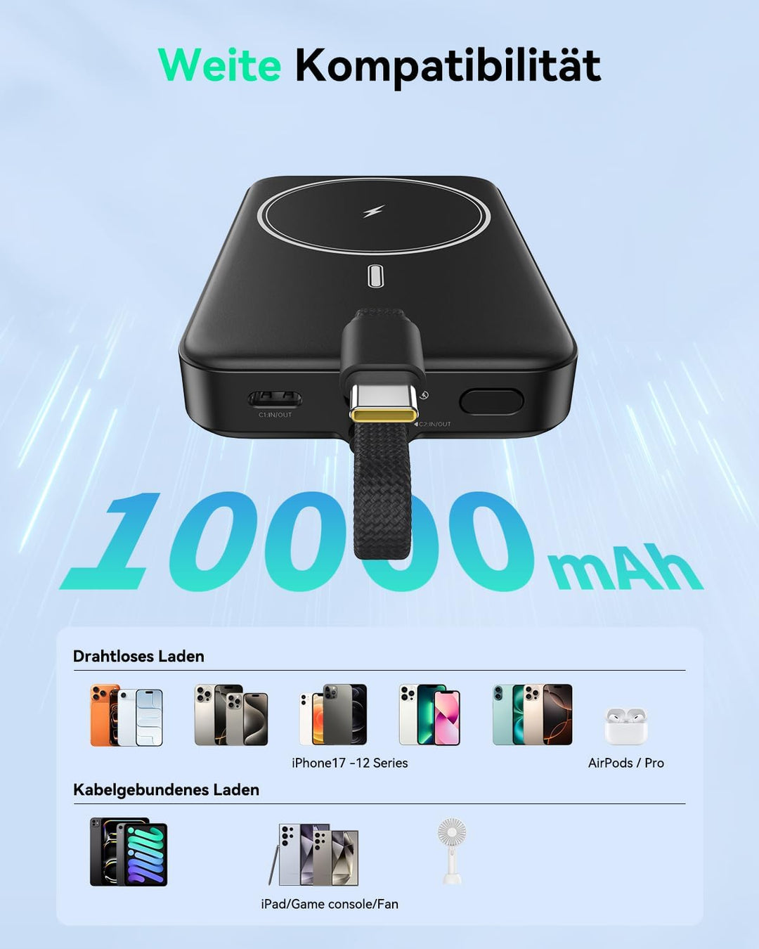 GREPRO Magnetische Power Bank, 10000mAh Powerbank für Magsafe mit 22,5 W Schnellladung USB-C-Kabel,