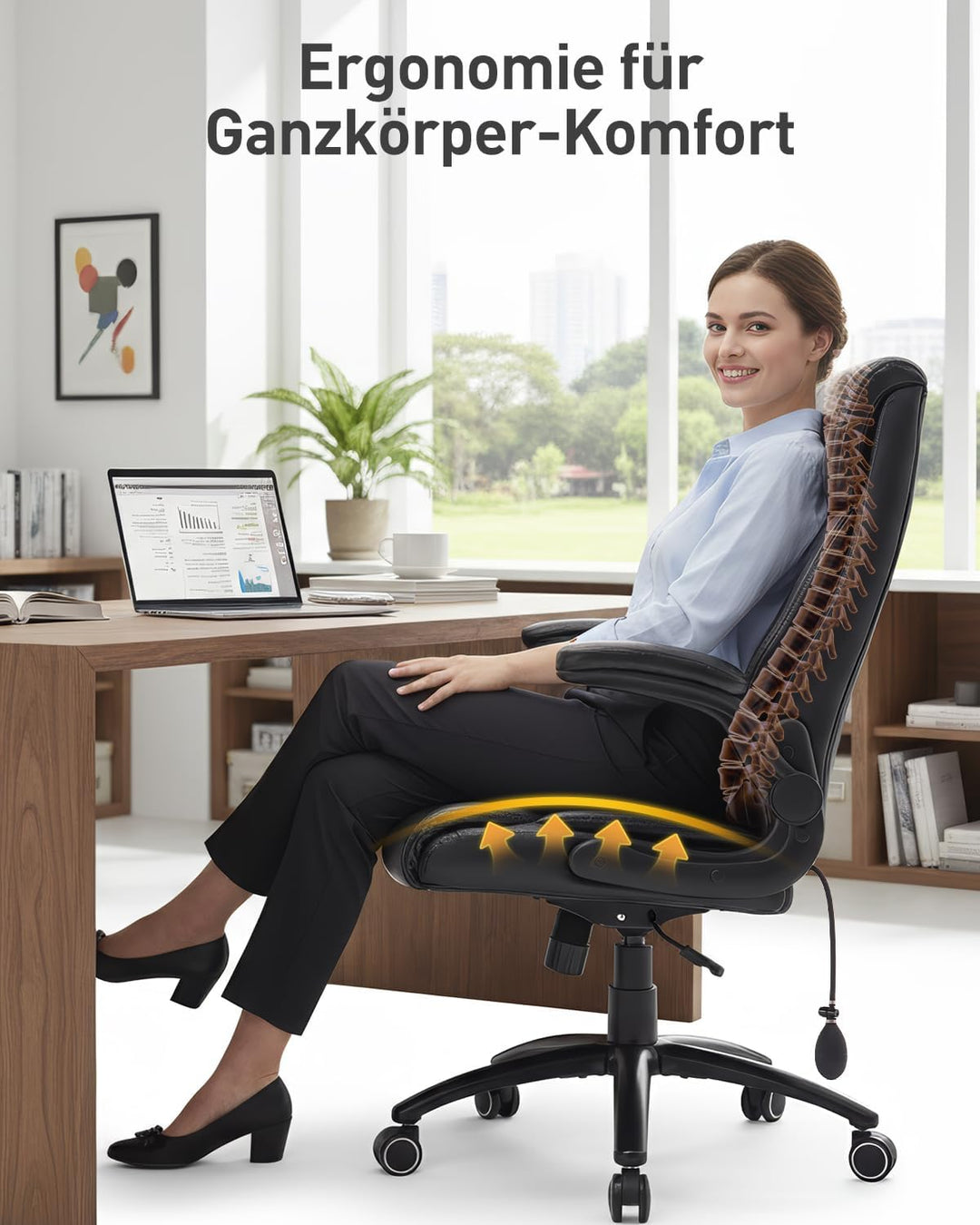 COLAMY Ergonomischer Chefsessel mit Lordosenstütze, gepolsterten Hochklapparmen und Kippverstellung