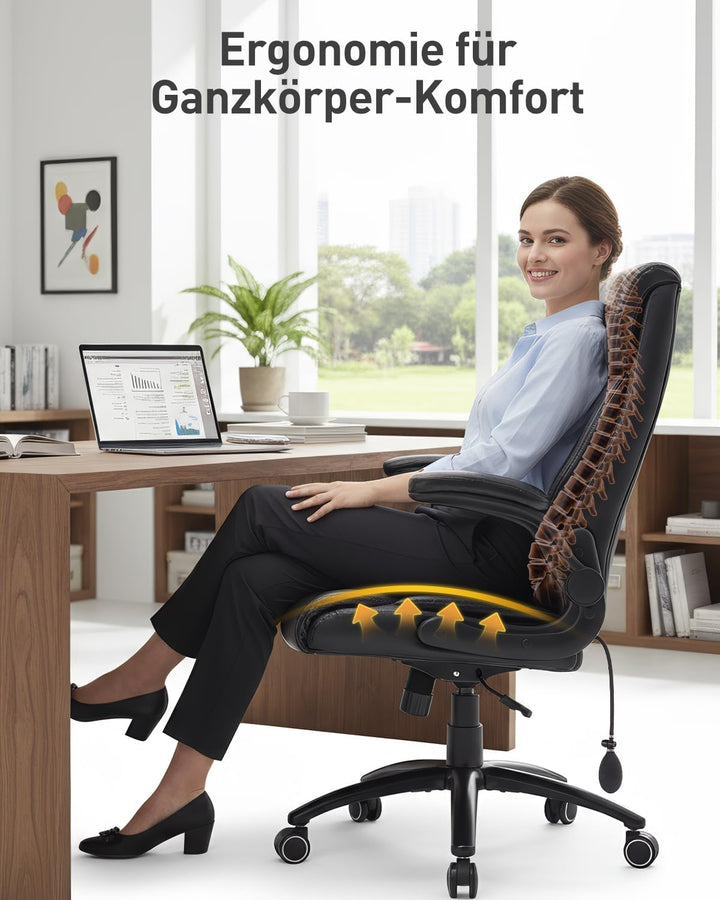 COLAMY Ergonomischer Chefsessel mit Lordosenstütze, gepolsterten Hochklapparmen und Kippverstellung