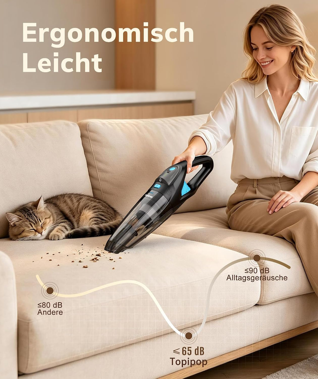 Topipop Handstaubsauger Akku Kabelloser Staubsauger Schwarz | 25000Pa Starke Saugkraft mit HEPA-Filt