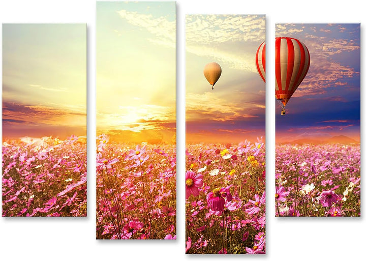 islandburner Bild auf Leinwand Landschaft Kosmosblumenfeld Und Heissluftballon Bei Sonnenuntergang V